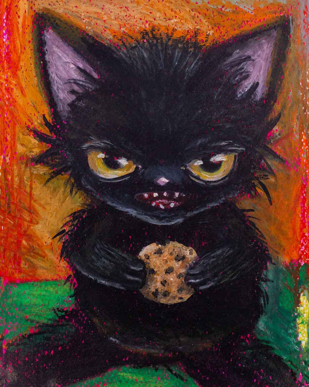Creepy Cute Black Cat Print, Oil Pastel Drawing, Kids Wall Art