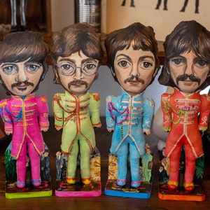 The Beatles art figure, Sgt. Pepper's Lonely Hearts Club Band, handmade textile dolls, john lennon, paul mccartney, george harrison, ringo