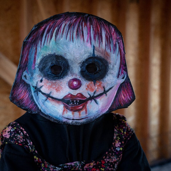 Masque de clown effrayant femelle, masque fait main, masque effrayant en papier mâché, masque d’Halloween, Carnaval, Costume, Mascarade, terreur d’horreur