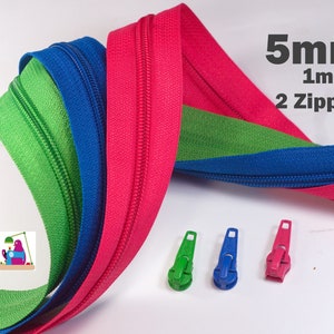 Continuous zipper 5 mm, sold by the meter, 2 zipper pulls, black, grey, white, brown, beige, red, pink, blue, light blue, turquoise, green, orange