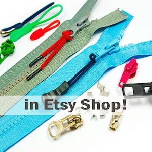 May include: Assortment of zipper pulls and zipper tape in various colors, including green, red, blue, and black. The text "in Etsy Shop!" is visible in the image.