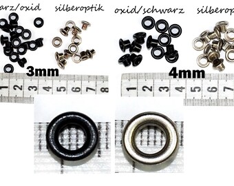 10th. œillets 3 mm, 4 mm oxyde noir argent pour cordons Prix de base 0,13euro/1st