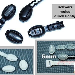 Könnte beinhalten: Verschiedene schwarze, weiße und transparente Kordelstopper. Das Bild zeigt mehrere schwarze Kordelstopper, einen weißen Kordelstopper und einen transparenten Kordelstopper. Der Text im Bild lautet "schwarz, weiss, durchsichtig" und "5mm".