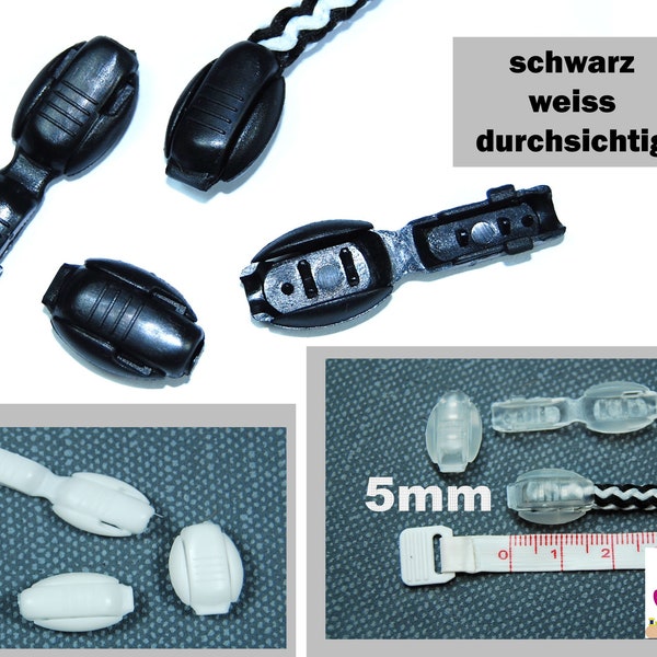 1St.Kordelstopper Stopper Endstück für Schnur 5mm schwarz weiss durchsichtig transparent Typ "Erbse" Stopps Kordelende Kunststoff Turnbeutel