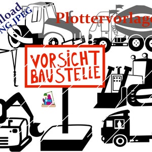 Peut inclure: Illustrations en noir et blanc de véhicules de chantier, dont une bétonnière, une excavatrice et un camion. Un panneau rouge indique "VORSICHT BAUSTELLE". Le texte "Download DXF PNG JPEG" est également présent.