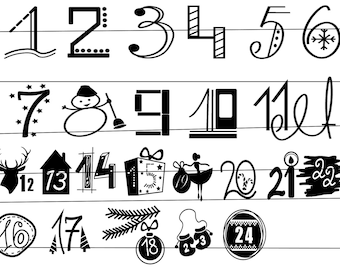クリスマスプロッターファイル、アドベントカレンダー、数字、SVG、DXF、冬、SVG、休日、プロッターテンプレート、雪の結晶、バレリーナ、キャンドル、雪だるま、鹿の頭