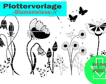 Archivo de trazador, motivo de trazador, plantilla de trazador "Prado de flores", descarga instantánea, SVG, PNG, JPG, DXF, flor, mariposa, libélula, clipart, gráfico vectorial.