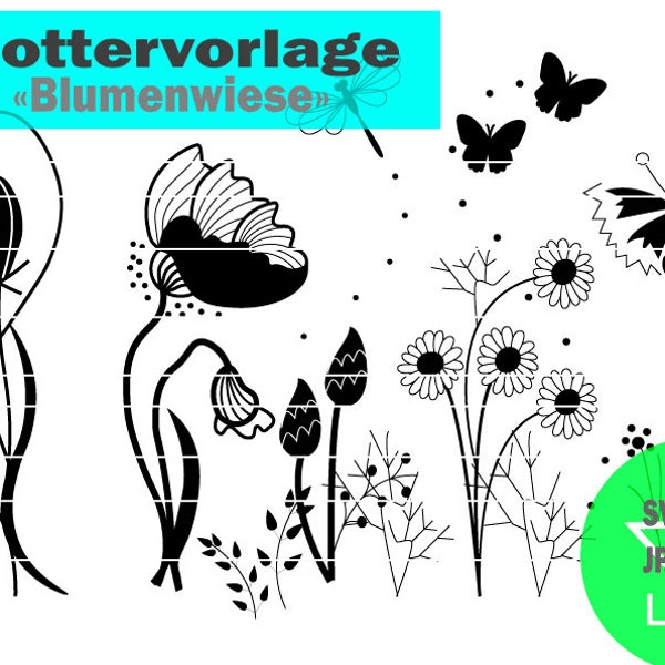 Plotterdatei Plottermotiv Plottervorlage "Blumenwiese" Sofortdownload svg png jpg dxf Blume Schmetterling Libelle Clipart Vektorgrafik