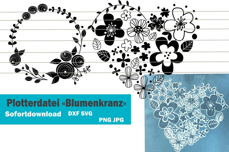 Download Plotterdatei Plottervorlage Blumenkranz Sofortdownload Dxf Svg Png Jpg Vektorgrafik Floral Logo Flower Svg Clip Art Heart Flower Wreath Drawing Drafting Craft Supplies Tools