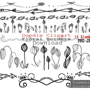 Könnte beinhalten: Schwarz-weißes Doodle-Clipart mit 16 floralen Bordürelementen. Das Bild zeigt verschiedene florale Designs, darunter Blätter, Blumen und dekorative Linien. Der Text enthält "Doodle Clipart Floral Borders Download", "PNG JPG" und "Commercial License".