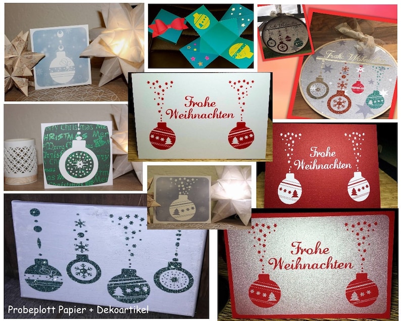 Puede incluir: Un collage de tarjetas y decoraciones navide&ntilde;as. Varias tarjetas presentan dise&ntilde;os de adornos con la frase alemana "Frohe Weihnachten". Otros elementos incluyen una linterna de papel en forma de estrella y un aro de bordado decorativo.