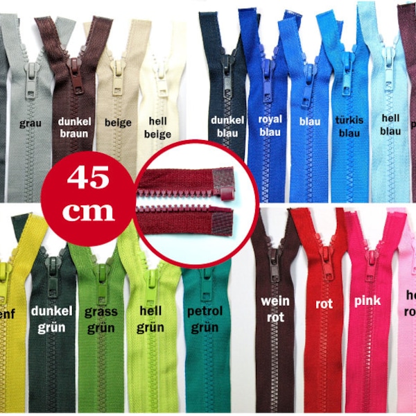 Fermeture éclair divisible 45 cm plastique dent 5 mm Num.5 Fermeture éclair Vestes fermeture éclair divisible 45 cm plastique dent 5 mm Num 5 25 coloris proposés Zip