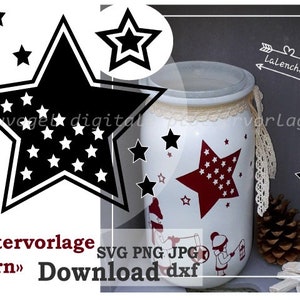 Puede incluir: Un tarro blanco con tapa, decorado con una gran estrella roja llena de estrellas blancas. El tarro también presenta pequeñas estrellas negras e ilustraciones de niños. El texto incluye "Plottervorlage Stern Download dxf".