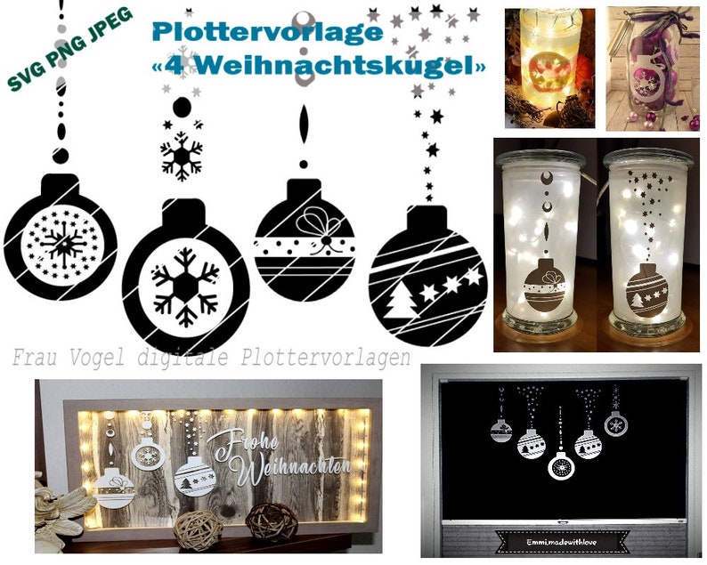Puede incluir: Dise&ntilde;os de adornos navide&ntilde;os en blanco y negro. La imagen muestra cuatro dise&ntilde;os de adornos diferentes, cada uno con un patr&oacute;n &uacute;nico, incluyendo copos de nieve, estrellas y rayas. Los adornos cuelgan de cuerdas, con el texto "Plottervorlage 4 Weihnachtskugel" en la parte superior.