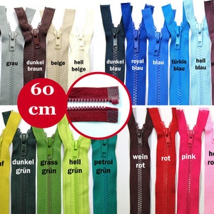 Könnte beinhalten: Eine Auswahl an 60 cm langen Reißverschlüssen in verschiedenen Farben, darunter Schwarz, Weiß, Grau, Braun, Beige, Blau, Türkis, Lila, Rot, Pink, Orange, Gelb, Grün und Khaki.