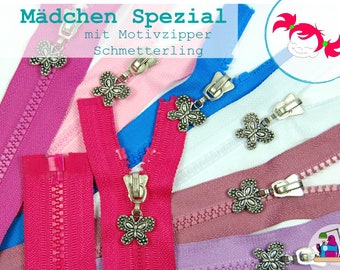 50 cm separable zipper with butterfly motif pull, over 30 colors: pink, blue, green, black, grey. Zipper slider, zipper charm, zipper pulls.
