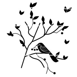 May include: Black and white illustration of a bird perched on a tree branch, holding berries in its beak. The design features stylized leaves and berries, with a minimalist aesthetic. The artwork is set against a white background.