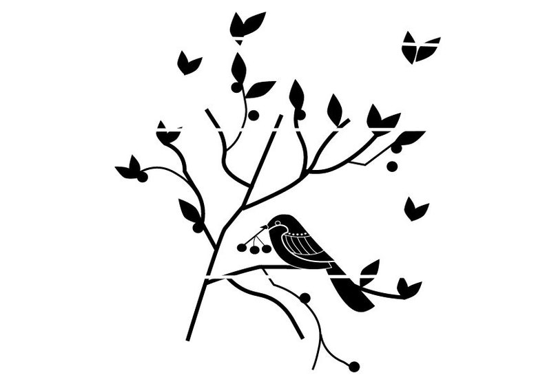 May include: Black and white illustration of a bird perched on a tree branch, holding berries in its beak. The design features stylized leaves and berries, with a minimalist aesthetic. The artwork is set against a white background.