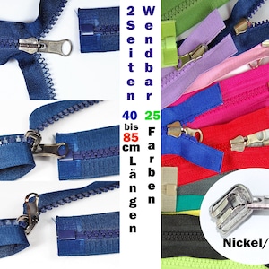 Könnte beinhalten: Nahaufnahme eines blauen Reißverschlusses mit einem Nickel/Oxid-Schieber. Der Reißverschluss ist umkehrbar und in 25 Farben und Längen bis zu 85 cm erhältlich.