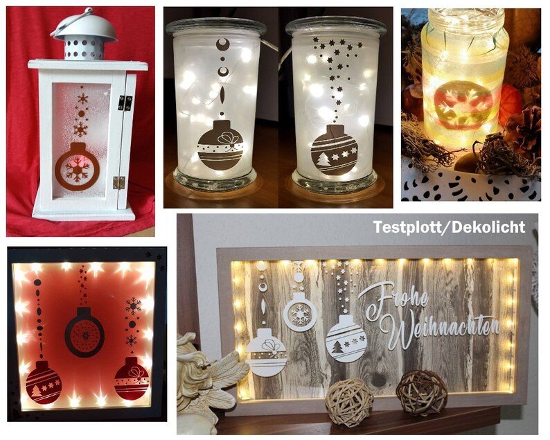 Puede incluir: Una colecci&oacute;n de decoraciones navide&ntilde;as con faroles y tarros de cristal iluminados. Las decoraciones incluyen adornos festivos, copos de nieve y la frase "Frohe Weihnachten". La paleta de colores incluye blanco, marr&oacute;n y luces blancas c&aacute;lidas.