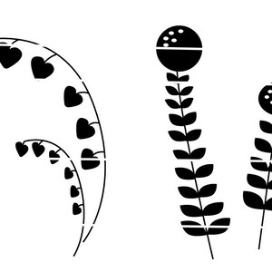 May include: Black and white botanical illustrations. One design features a curved stem with heart-shaped leaves. The other design shows two stems with round flower heads and leaf-like structures. The designs are minimalist.