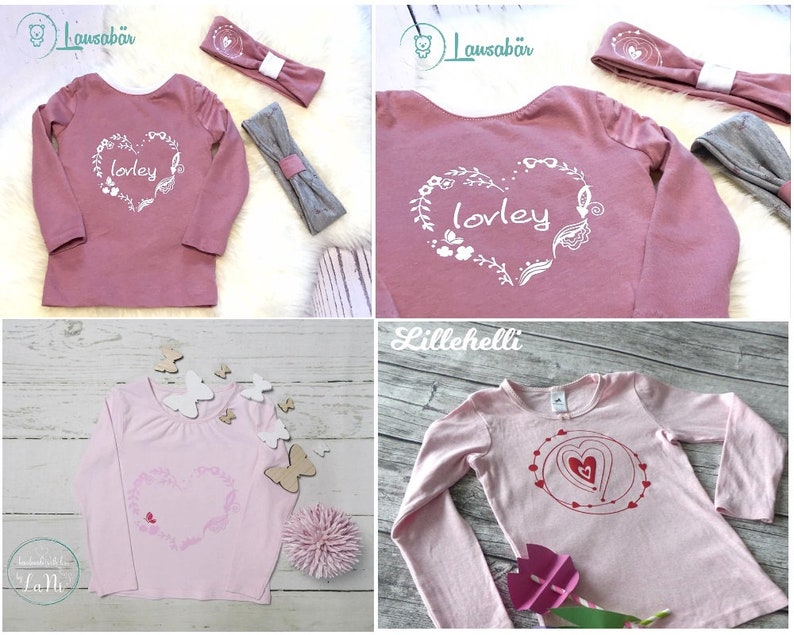 Może przedstawiać: Cztery r&oacute;żowe koszulki z długim rękawem z r&oacute;żnymi wzorami serc. Koszulki mają nadrukowane słowa "lovely" i "Lillahelli".