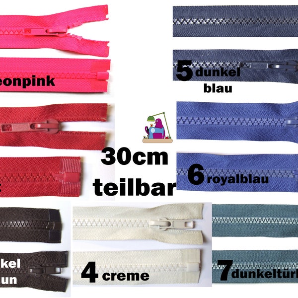 Fermeture éclair divisible 30 cm plastique dents 5 mm pour vêtements bébé, vestes enfants, blousons, gilets Zip Zipper 7 coloris proposés rose bleu coudre