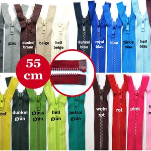 Könnte beinhalten: Sortiment von 55 cm langen Reißverschlüssen in verschiedenen Farben, darunter Schwarz, Weiß, Grau, Braun, Beige, Blau, Türkis, Rot, Pink, Orange, Gelb, Grün und Lila.