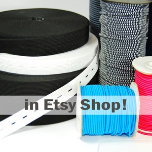 May include: Assortment of elastic bands in various colors and patterns, including black, white, blue, and pink. The elastic bands are wound around spools and are available in different widths.  in Etsy Shop!