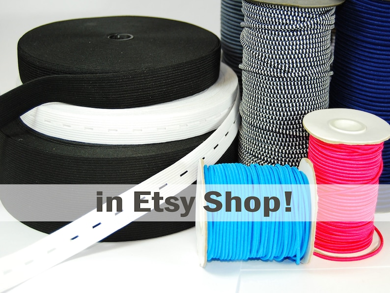 May include: Assortment of elastic bands in various colors and patterns, including black, white, blue, and pink. The elastic bands are wound around spools and are available in different widths.  in Etsy Shop!