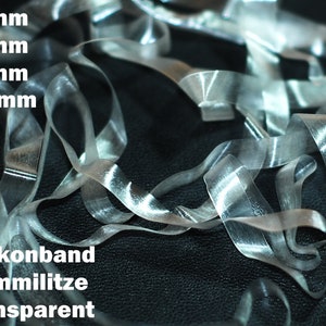 Könnte beinhalten: Nahaufnahme von transparenten Silikon-Gummibändern in verschiedenen Größen, darunter 4 mm, 5 mm, 6 mm und 10 mm. Der Text "Silikonband Gummilitze transparent" ist im Bild sichtbar.