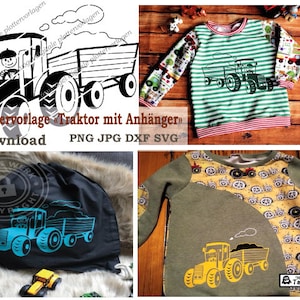 Könnte beinhalten: Eine digitale Designdatei mit einem Traktor mit Anhänger, angewendet auf ein grün-weiß gestreiftes Langarmshirt, einen schwarzen Kordelzugbeutel und ein olivgrünes Shirt mit gelber Traktorgrafik sowie gemusterten Stoffeinsätzen.