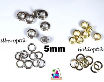 10pcs. oeillets 5 mm 2-pièces avec disque argent et oeillets or-optiques pour le prix de base du cordon 0.10euro/1pc. Oeillets ronds aux yeux de trou pour cordon