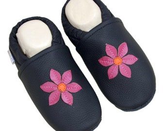 Liya's Leather Slippers Baby Shoes Slippers - #594 Pink flower in black