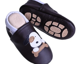 Liya's slippers with rubber sole - #646 dog with bone in brown