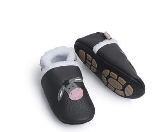 Zapatillas de piel forrada de Liya con suela de goma parcial - #399 Burro en marrón