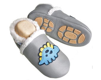 Liya's lined leather slippers with partial rubber sole - #375 Stegosaurus in grey