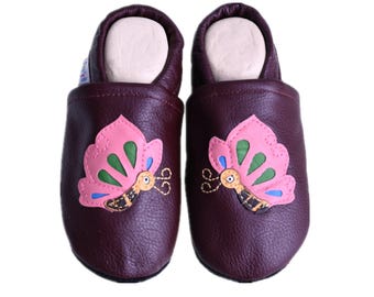 Liya's Leather Baby Shoes Crawling Shoes Slippers - #561 Butterfly in reddish-brown