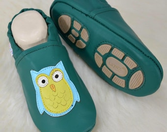 Liya's slippers with rubber sole - #638 Owl in turquoise green