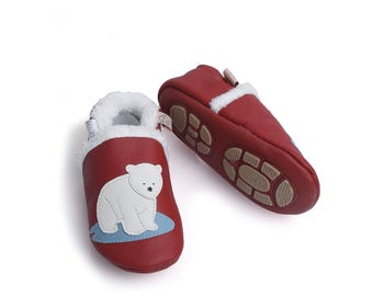 Zapatillas de piel forrada de Liya con suela de goma parcial - #374 Oso Polar en rojo oscuro