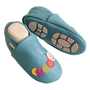 Liyas slippers, leather slippers with partial rubber sole - #606 colorful caterpillar in turquoise green image 1