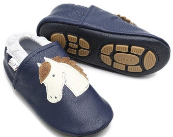 Liya's Slippers Leather slippers with partial rubber soles- #639 horse in dark blue