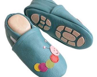 Liya's Slippers Leather slippers with partial rubber soles - #606 colorful caterpillar in turquoise green