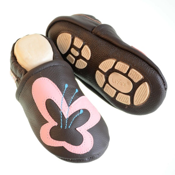 Liya's Slippers Leather Slippers Crawling Slippers - #684 Big Butterfly in brown