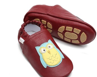 Liya's slippers leather slippers with partial rubber sole - #638 Owl in ruby red