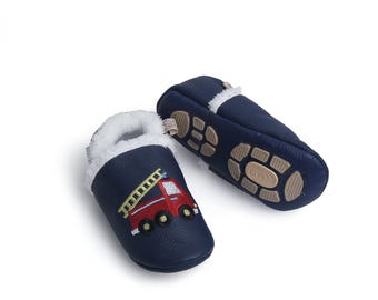 Liya's lined leather slippers with partial rubber sole - #383 Firefighter in dark blue