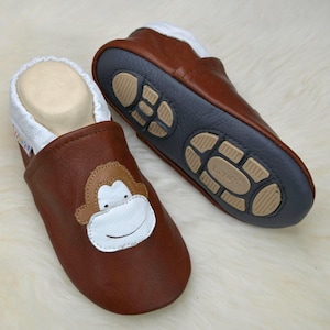 Liya's leather slippers with rubber sole - #681 Monkey in reddish-brown