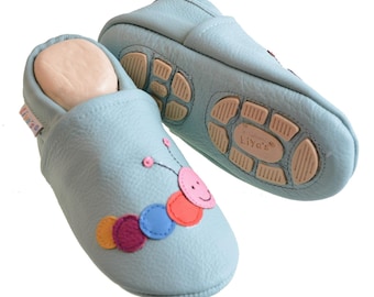 Liyas slippers, leather slippers with partial rubber sole - #606 colorful caterpillar in light blue