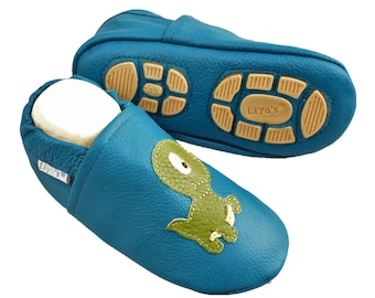 Liya's SlippersLeather slippers with partial rubber soles - #665 Small dino in turquoise green