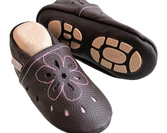 Liya's summer slippers with rubber sole - #637 large flower in brown